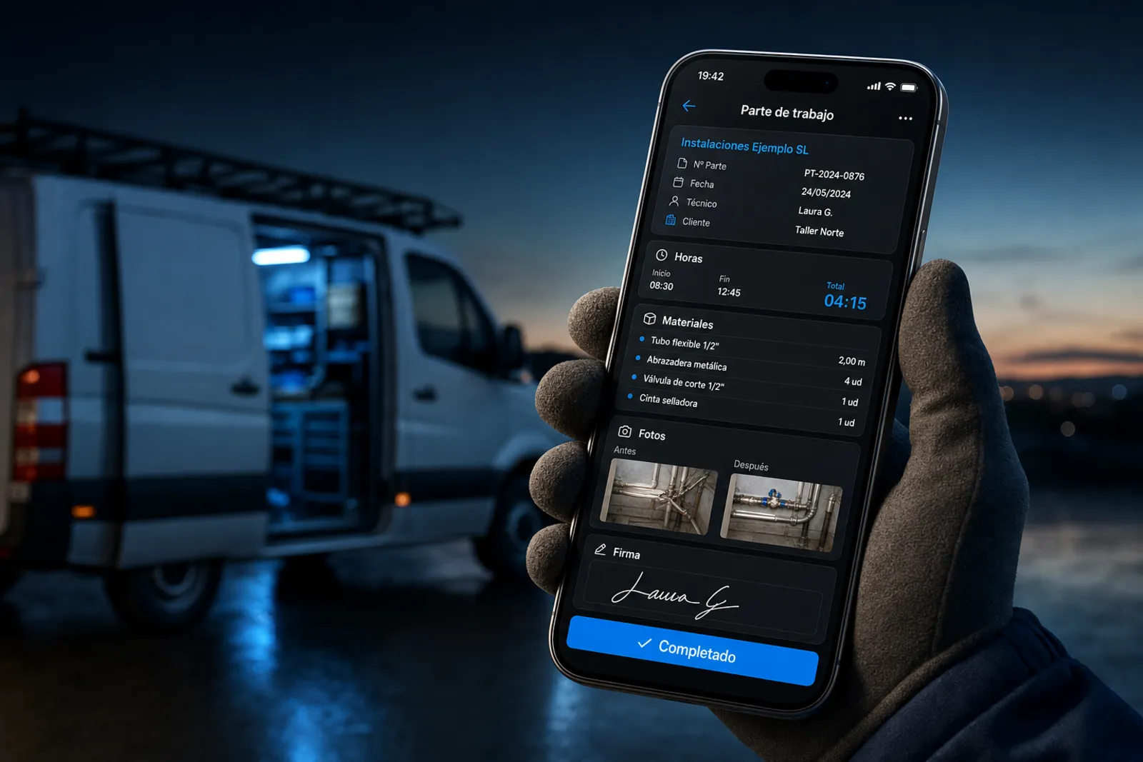 Ejemplo ilustrativo de app de partes de trabajo: Parte desde el móvil con horas, materiales, fotos y firma del cliente, también sin cobertura.