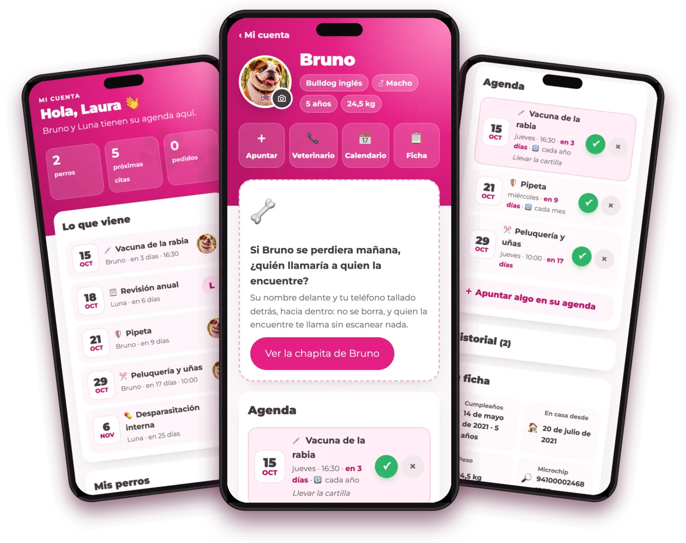 App gratuita para clientes: la agenda del perro en tres pantallas de móvil, con datos de demostración