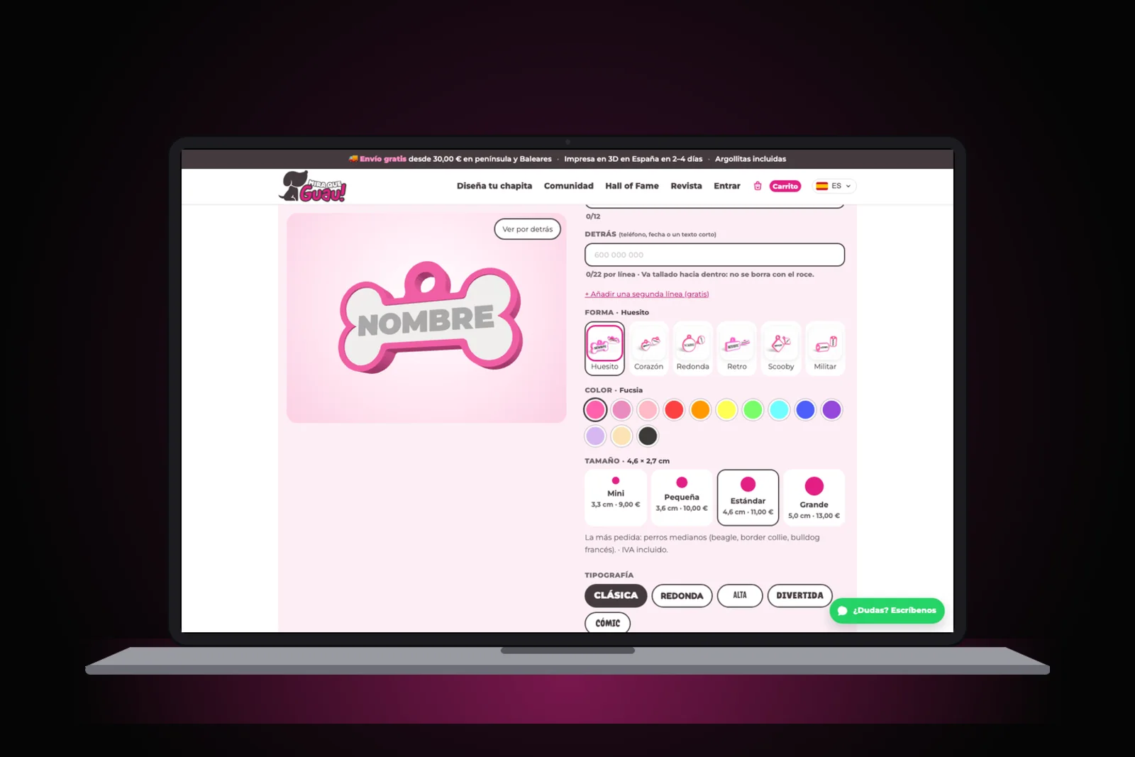 Editor de la chapita: forma, color, tamaño y tipografía con vista previa en 3D