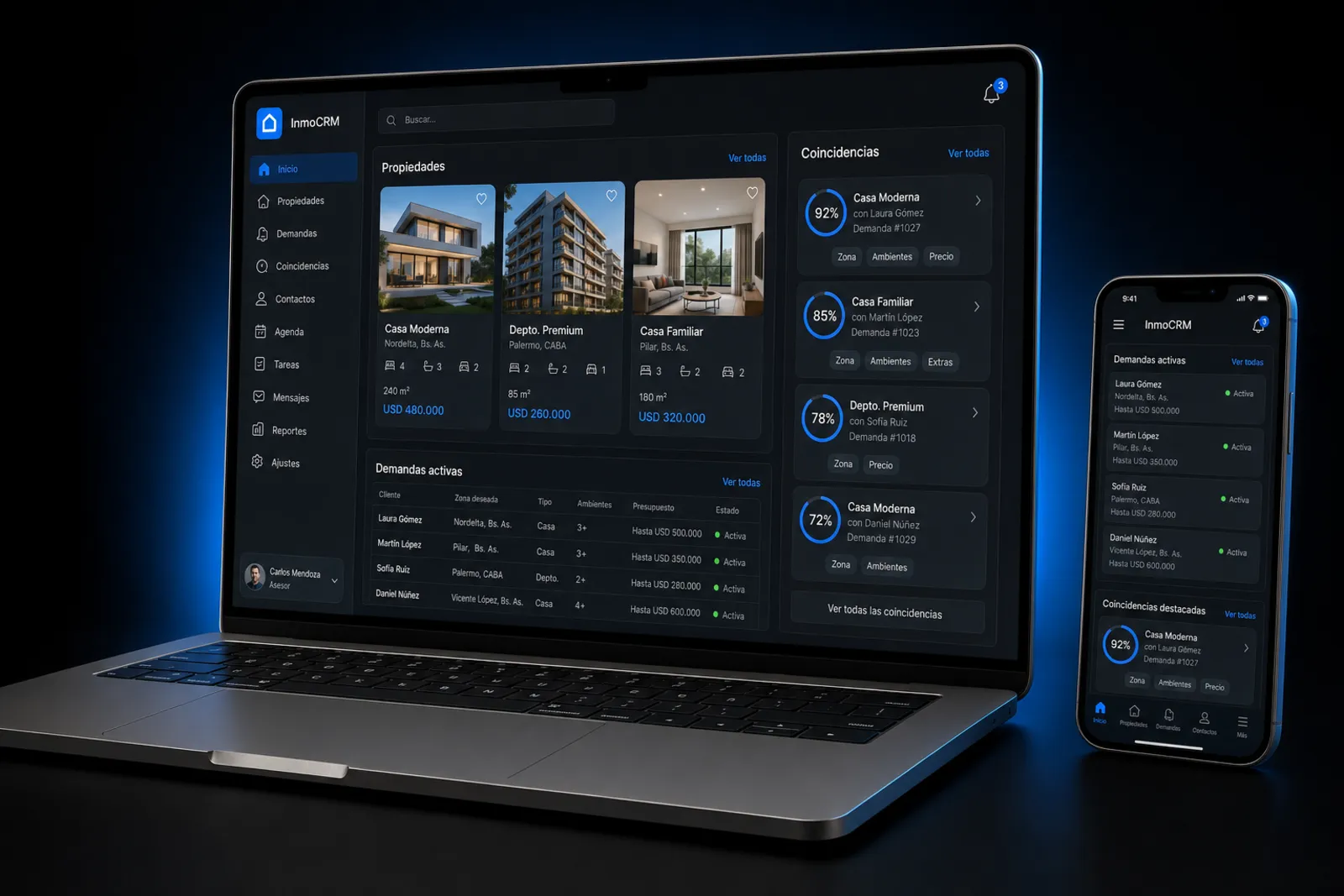 Ejemplo ilustrativo de crm inmobiliario con cruces: Cartera de inmuebles, demandas de compradores y coincidencias automáticas.