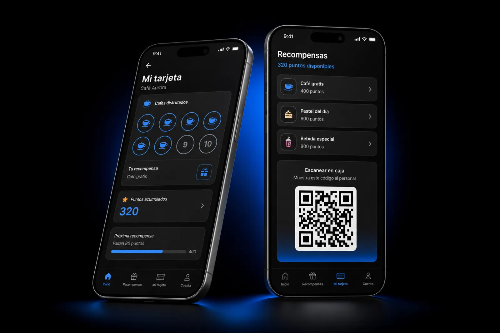 Ejemplo ilustrativo de app de fidelización: Tarjeta de sellos digital, puntos y premios con un código que escanea el personal.